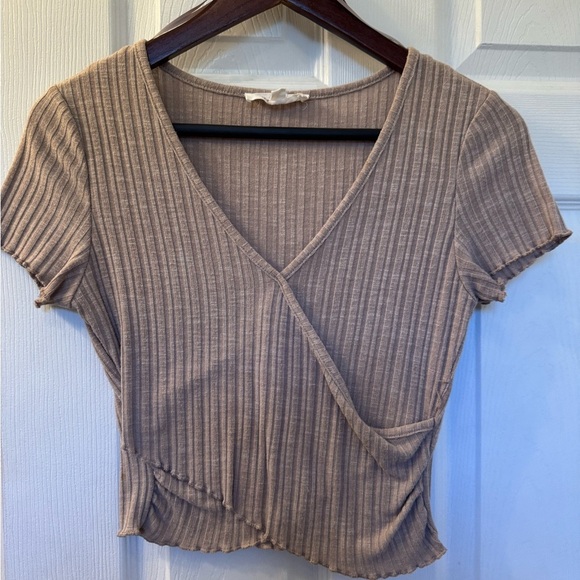 Pink Rose Gray Puff Sleeve Ribbed Blouse - Picture 1 of 4